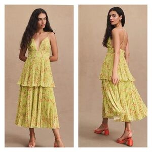AMUR Lime Green Floral Pleated Tiered Sleeveless Midi Dress Size 6 NWT
